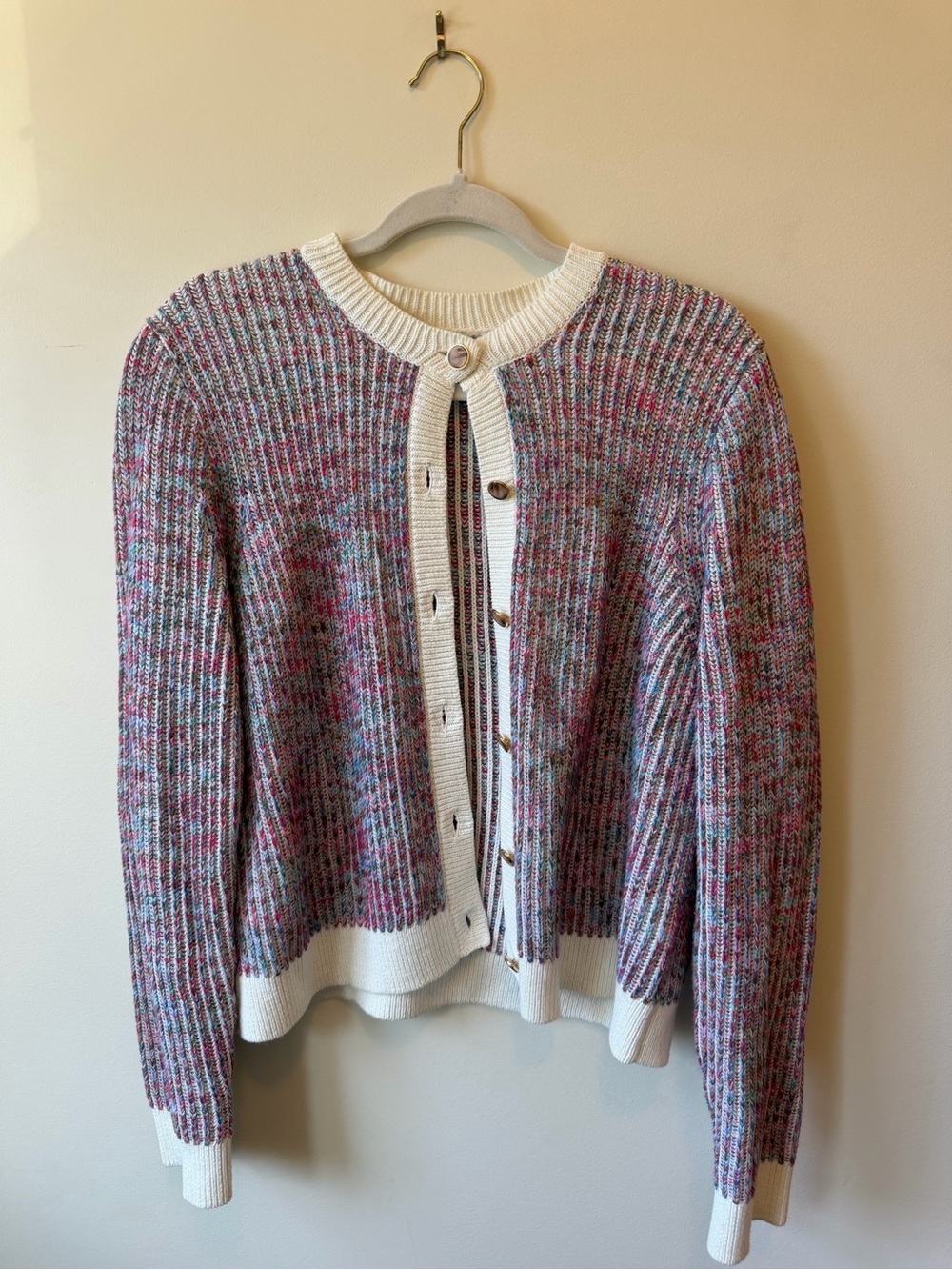 J. Crew Multicolor Ribbed Cardigan with Cream Trim